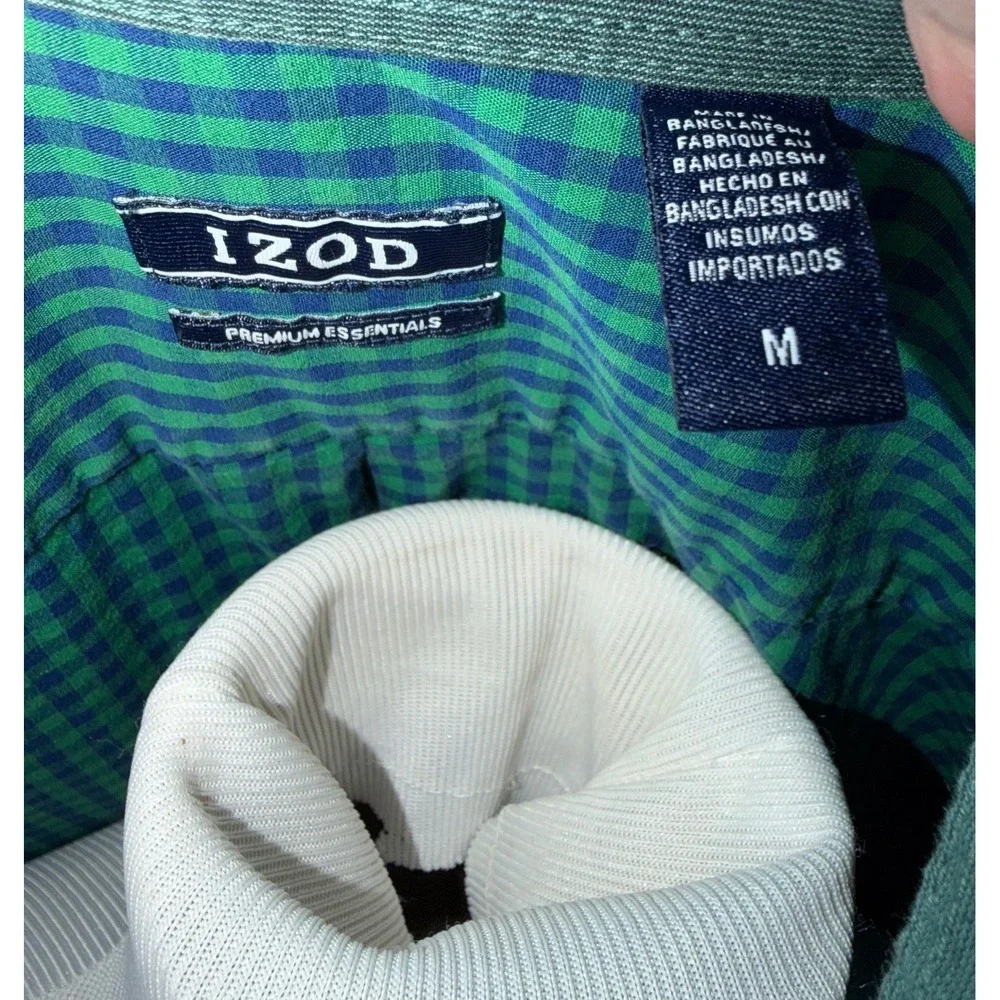 IZOD Premium Essentials Mens Medium Gingham Button Down Shirt Green Navy Blue